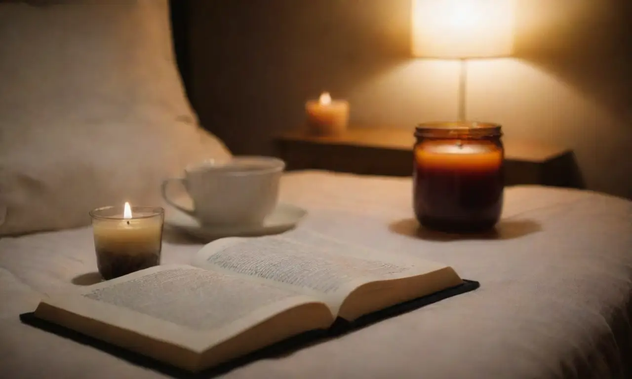 Routine du soir minimaliste avec lumière tamisée, thé aux herbes et musique apaisante