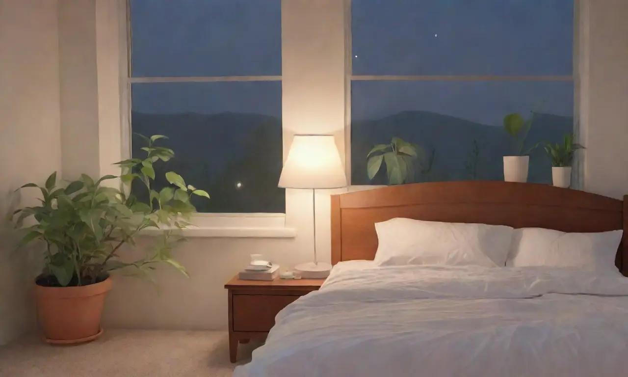 Chambre paisible avec éclairage doux, couleurs apaisantes et ambiance tranquille