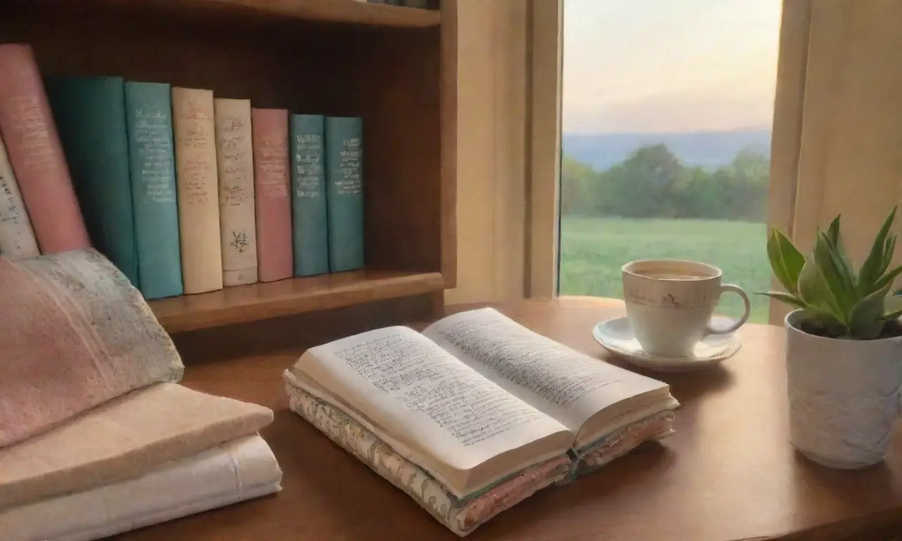 Ambiance apaisante avec couleurs douces, livres, thé et nature
