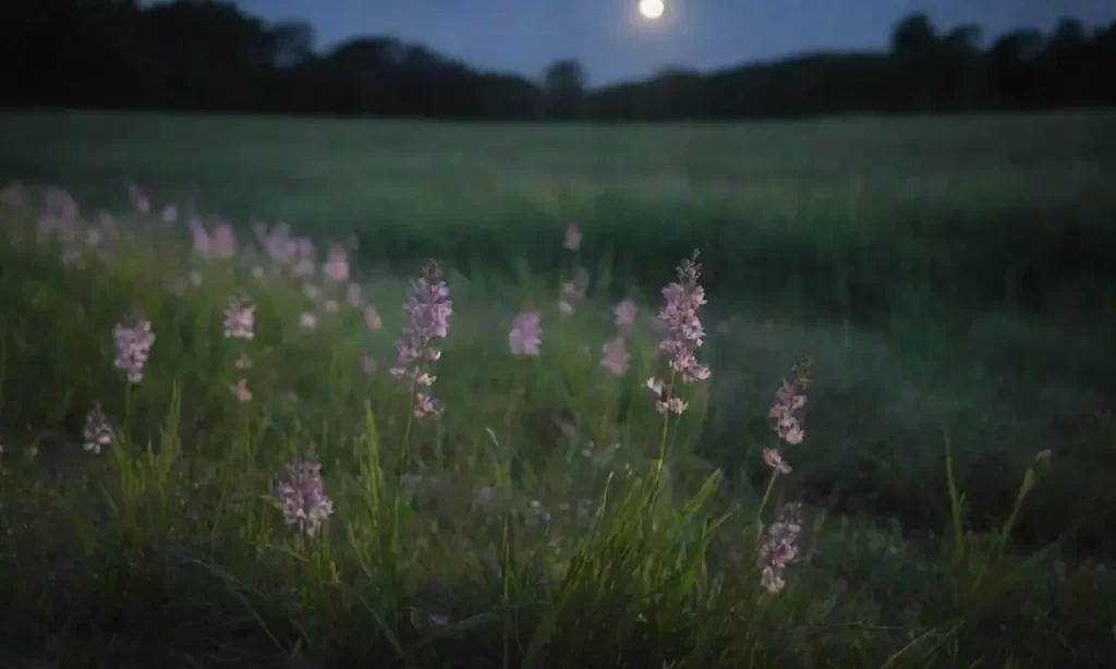Une nuit paisible avec des herbes douces et des fleurs de valériane sous la lumière de la lune